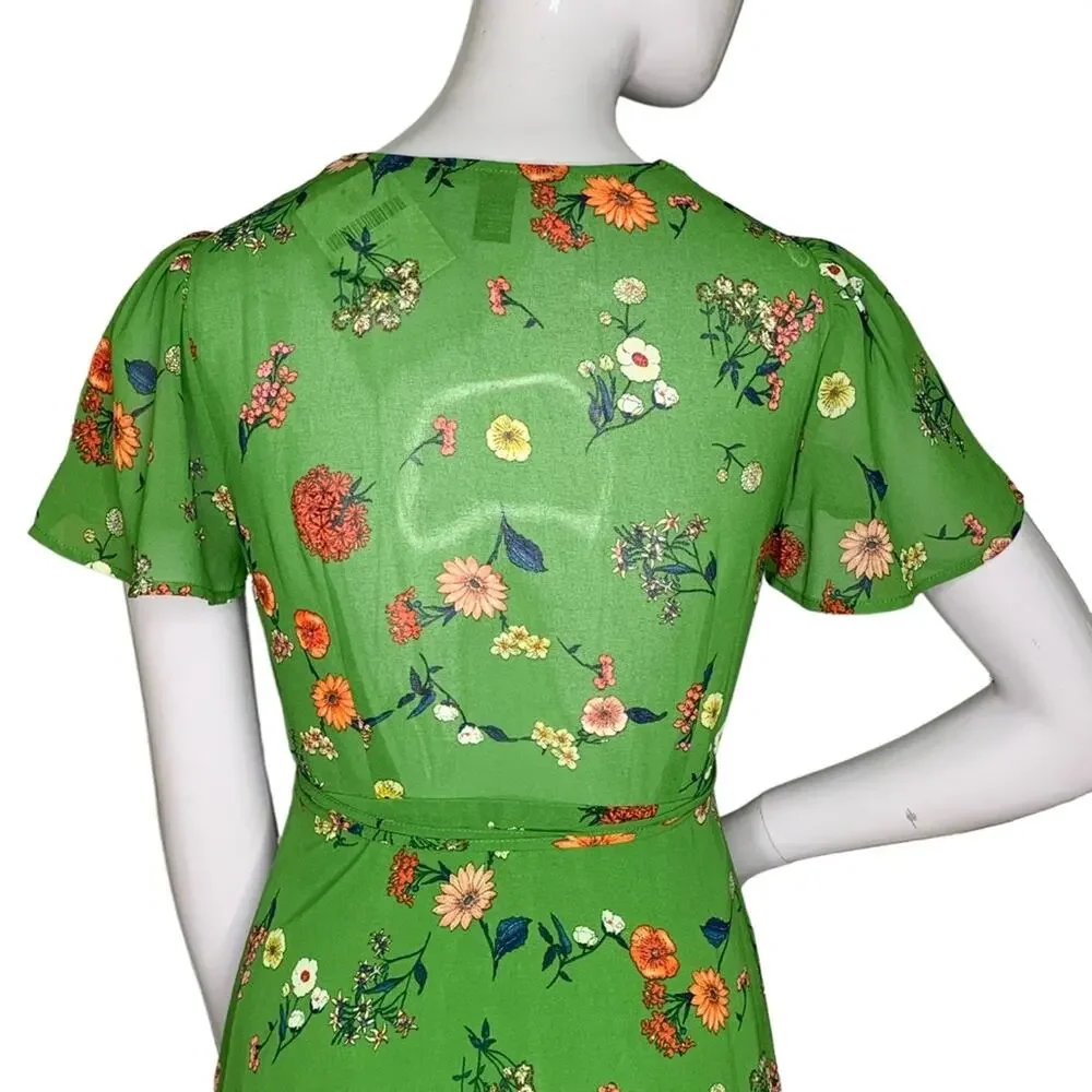Forever 21 NWT Wrap Dress Floral Print Short Sleeve Green/Coral/Blue Size S